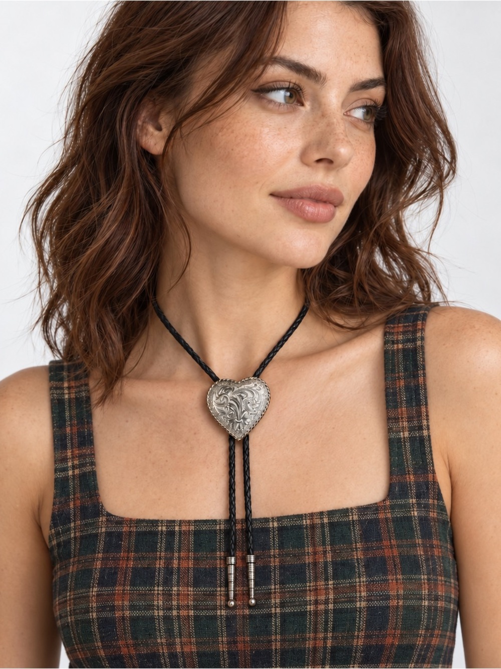 Vintage Heart Bolo Tie Western Silver Gold Tone Leather Cord Statement necklace